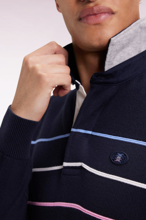 Pull col maillot en coton marine dos brodé - Image 3