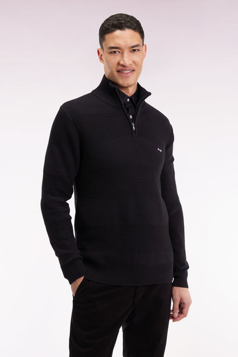 Pull col camionneur en coton noir effet de rayure - Image 1