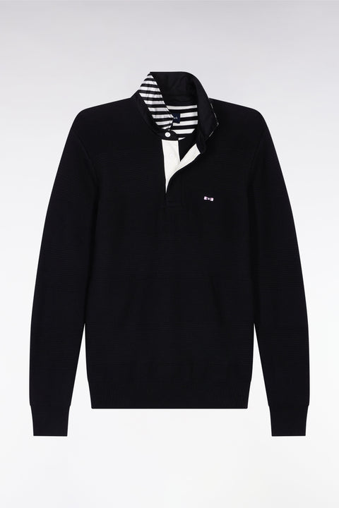 Pull col maillot en coton marine à effet de rayure - Image 2