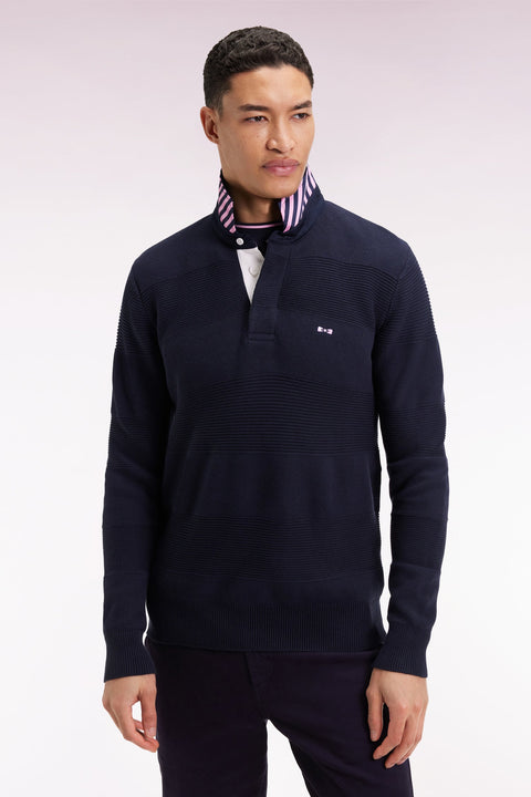Pull col maillot en coton marine à effet de rayure - Image 1