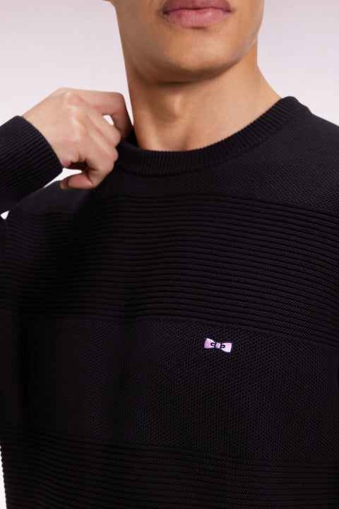 Pull col rond en coton noir à effet de rayure - Image 3
