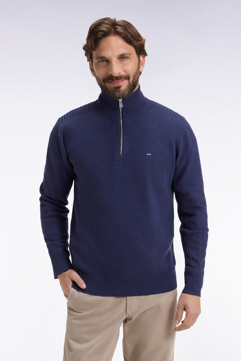 Pull col camionneur en coton nid d'abeille marine - Image 1