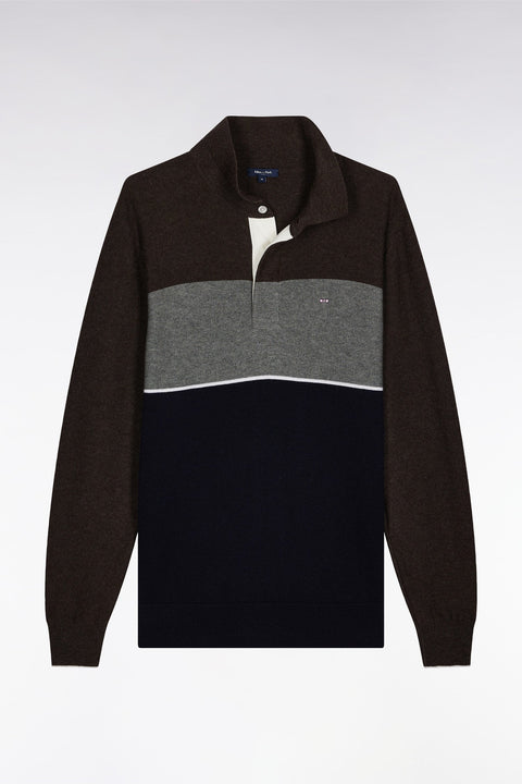Pull col maillot en laine et coton marine marron et gris - Image 2