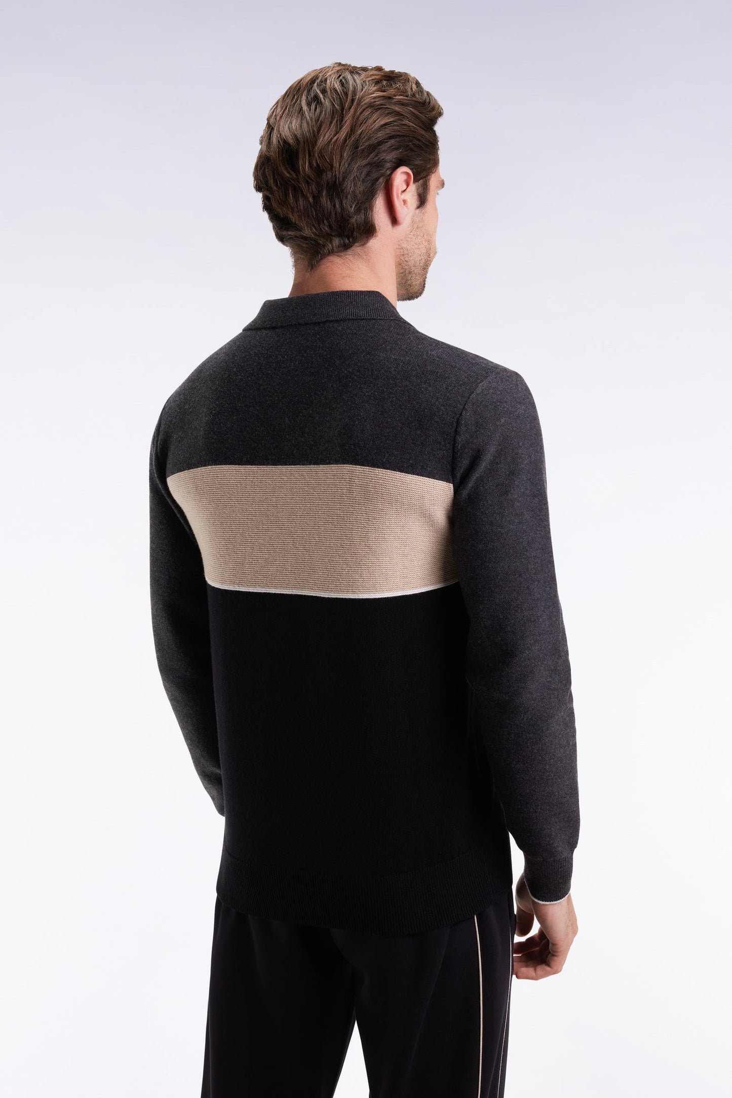 Pull col maillot en laine et coton noir gris et beige