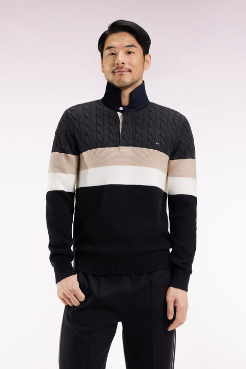 Pull col maillot en laine et coton torsadé noir et gris - Image 1