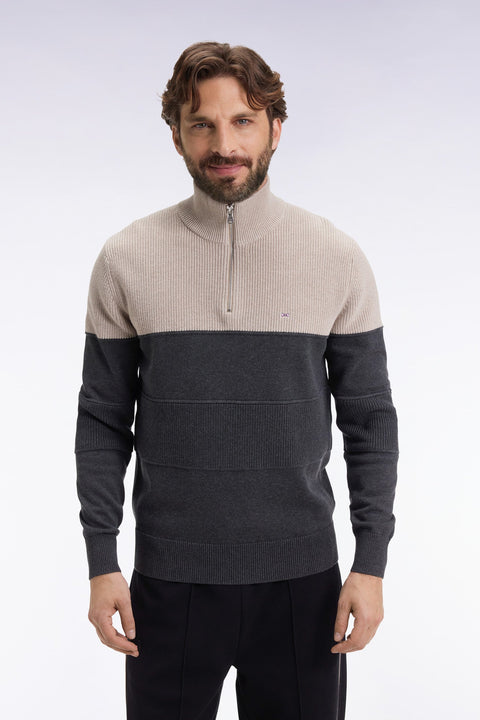 Pull col camionneur en coton gris à effet de rayure - Image 1