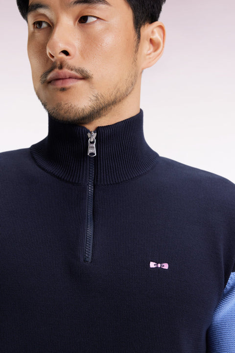 Pull col camionneur en coton marine et ciel broderie dos - Image 3