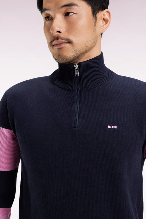 Pull col camionneur en coton marine et rose broderie dos - Image 3