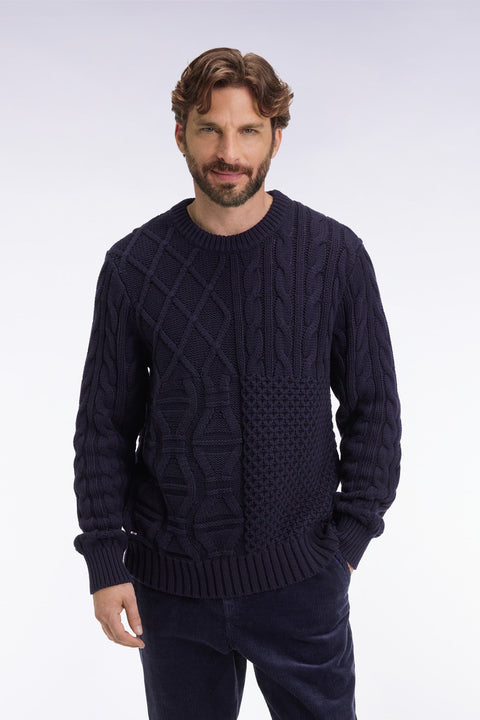 Pull col rond en laine et coton torsadé marine - Image 1