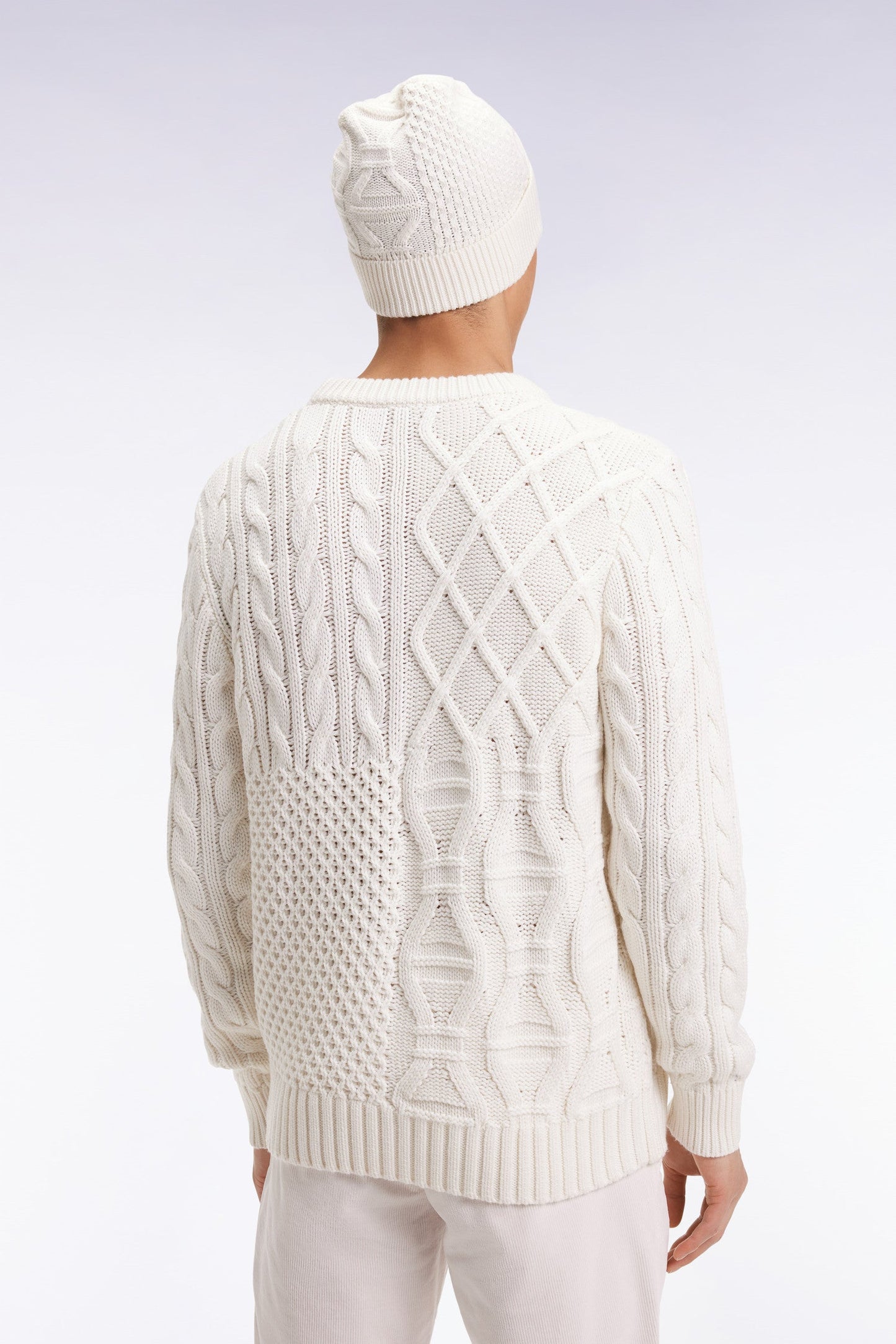 Pull col rond en laine et coton torsadé blanc