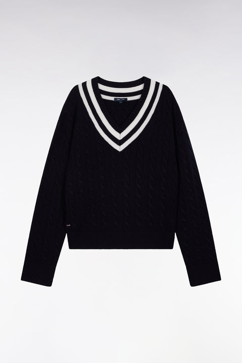 Pull cricket col V en laine et coton marine coupe Oversized - Image 2