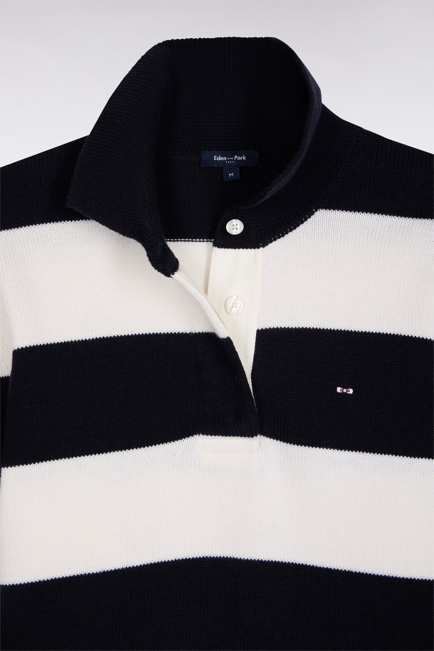 Pull à col maillot en laine et coton à rayures rugby marine et blanc coupe Relaxed