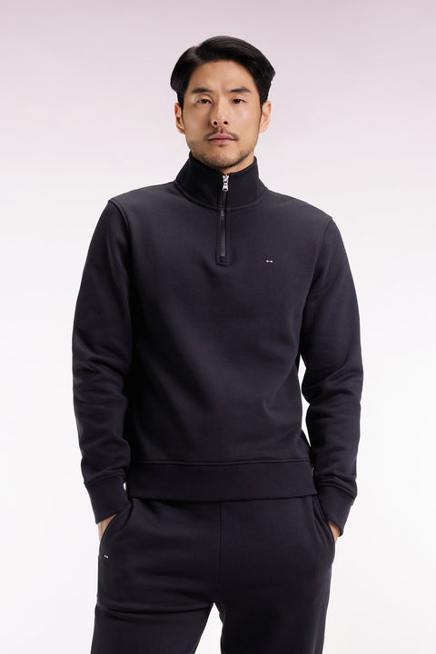 Sweatshirt à col montant zippé en molleton coton noir - Image 1