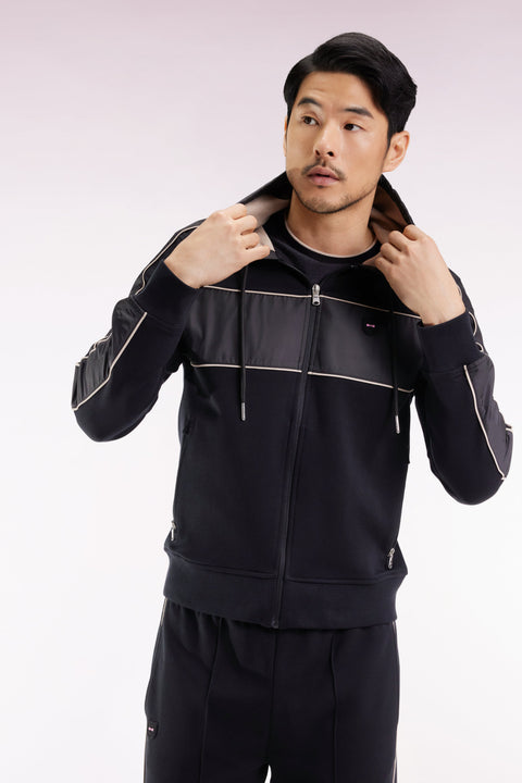 Sweatshirt zippé à capuche en molleton et nylon noir et beige - Image 3