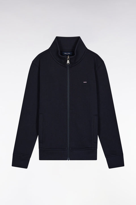 Sweatshirt zippé col montant en molleton coton marine - Image 1