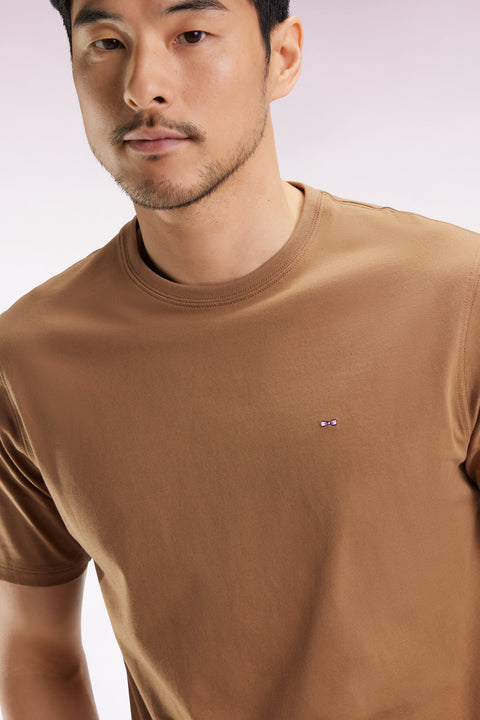 T-shirt manches courtes à col rond en coton Pima camel - Image 3