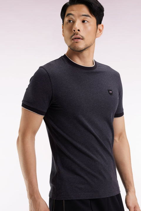 T-shirt à manches courtes en coton stretch gris anthracite coupe ajustée - Image 3