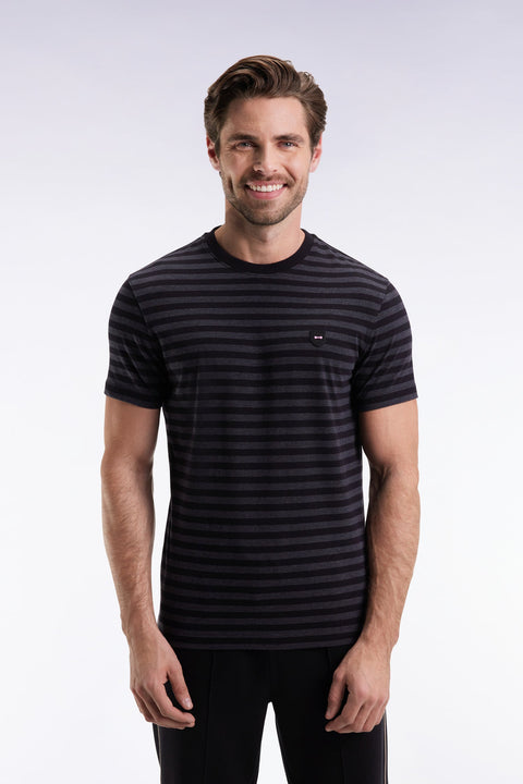 T-shirt à manches courtes en jersey de coton rayé noir et gris - Image 1
