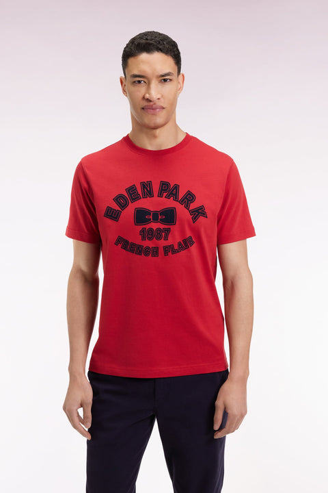 T-shirt à manches courtes en coton rouge impression effet velours - Image 1