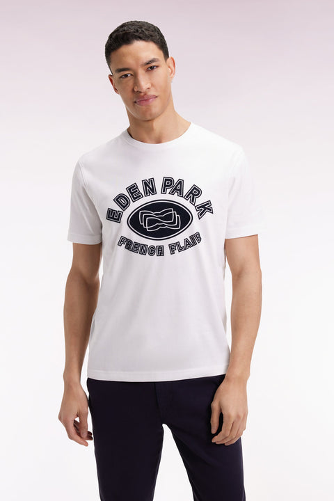 T-shirt à manches courtes en coton blanc impression effet velours - Image 1