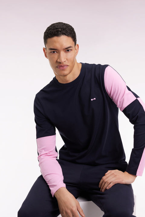 T-shirt à manches longues en coton marine colorblock rose - Image 3