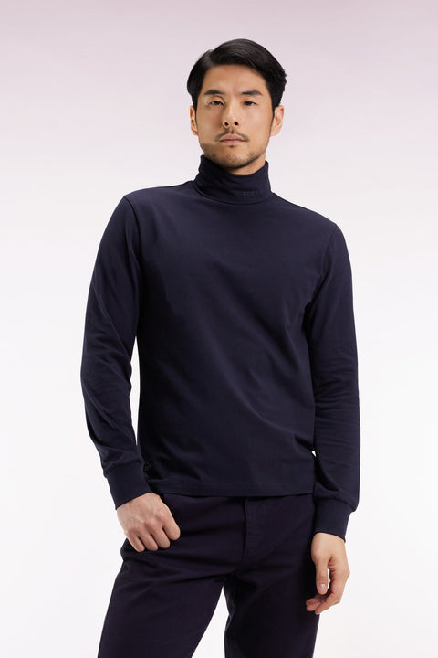 T-shirt col roulé à manches longues en coton stretch marine - Image 1