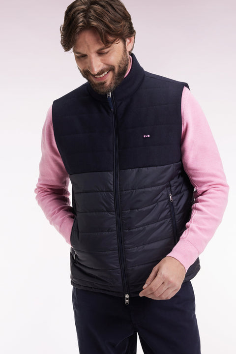 Doudoune sans manches bimatière en nylon et flanelle marine - Image 3
