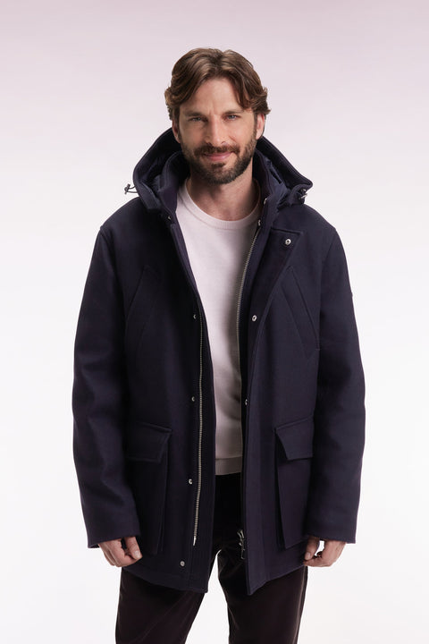 Parka courte en laine et cachemire marine capuche amovible - Image 1