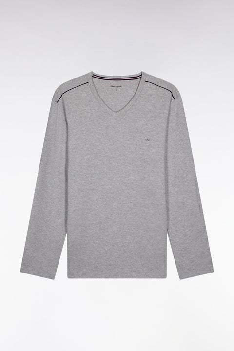 Pyjama long en jersey de coton uni noir et gris passepoils noirs - Image 1