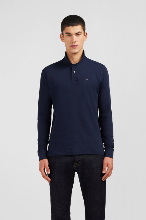 Polo manches longues bleu marine uni en piqué de coton stretch - Image 1