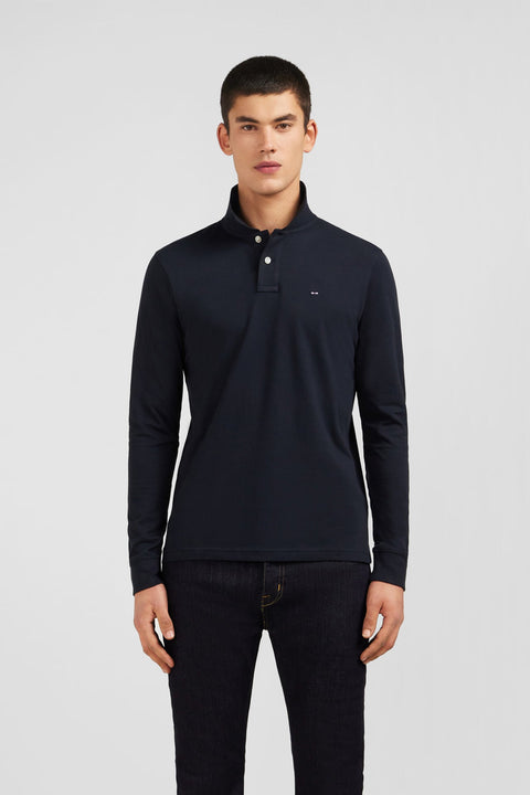 Polo manches longues noir uni en piqué de coton stretch - Image 1