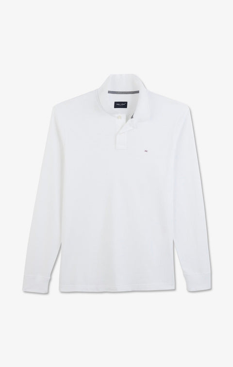 Polo manches longues blanc uni en piqué de coton stretch - Image 2