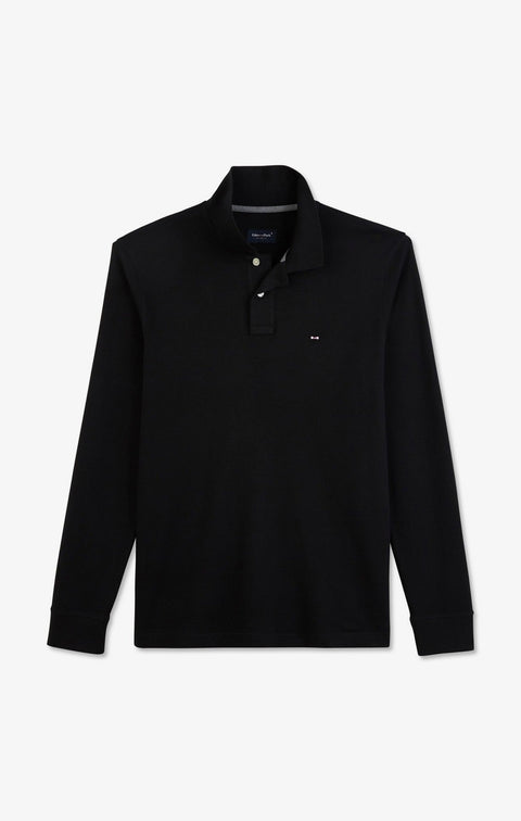 Polo manches longues noir uni en piqué de coton stretch - Image 2