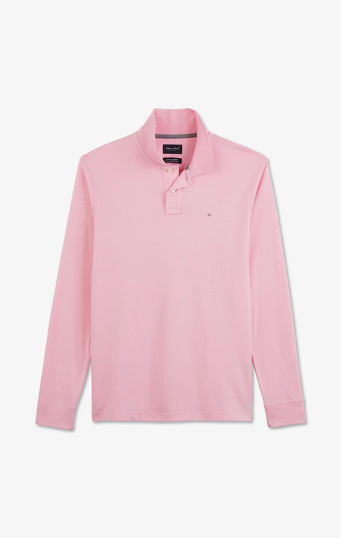 Polo manches longues rose uni en piqué de coton stretch - Image 2