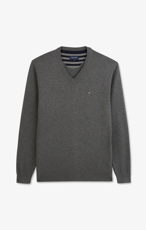 Pull gris à col V en coton - Image 2