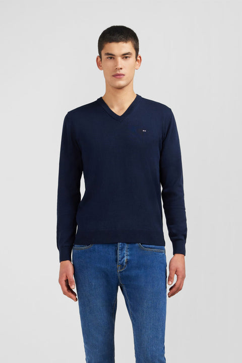 Pull bleu marine à col V en coton - Image 1