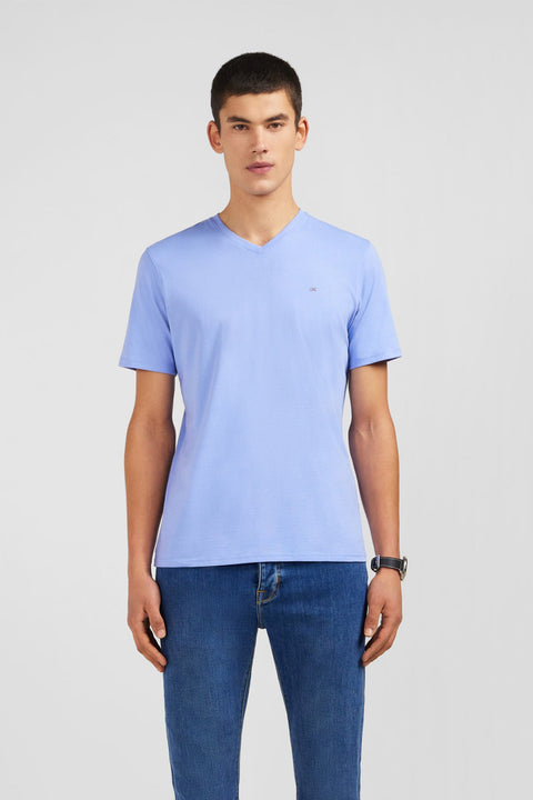T-shirt bleu col V à manches courtes - Image 1