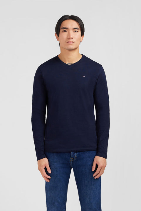 T-shirt bleu marine col V à manches longues - Image 1