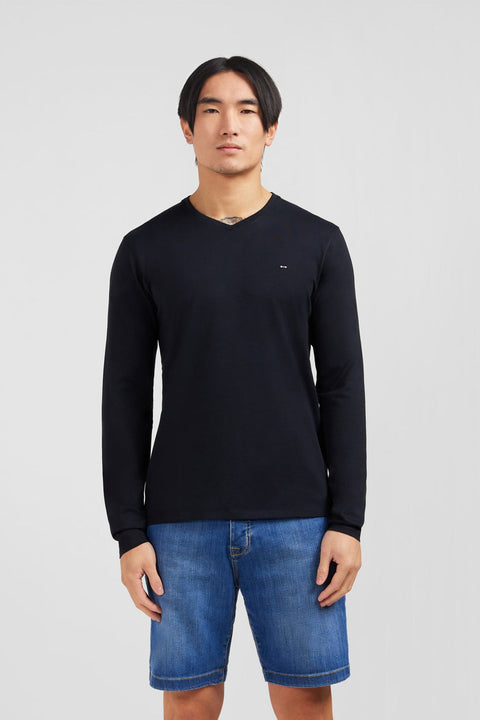 T-shirt noir col V à manches longues - Image 1