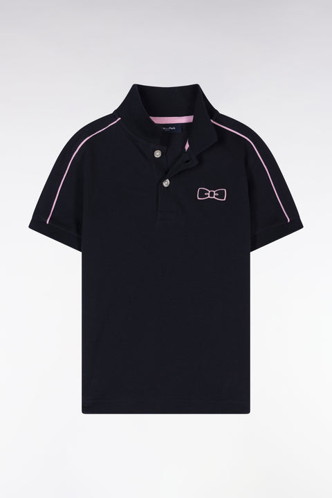 Polo à manches courtes en piqué coton marine à passepoil rose coupe droite - Image 1