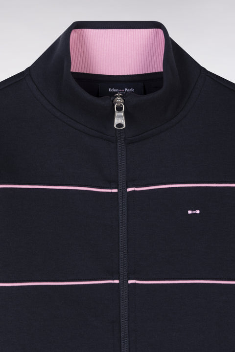 Sweatshirt en coton stretch zippé marine passepoils roses coupe droite - Image 2