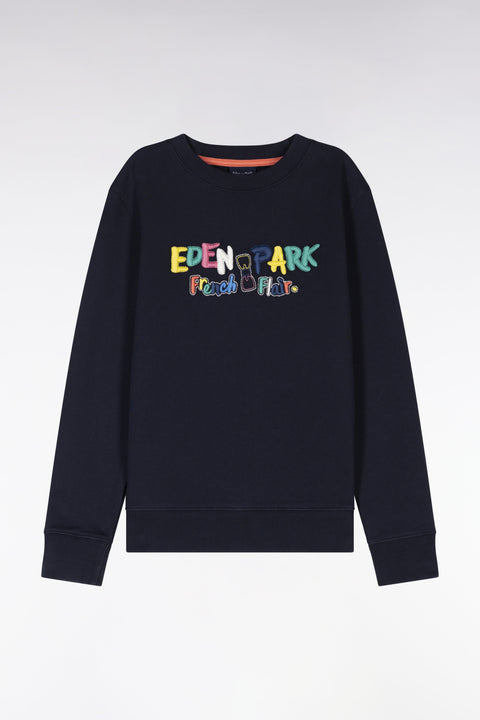 Sweatshirt en coton marine broderie multicolore coupe droite - Image 1