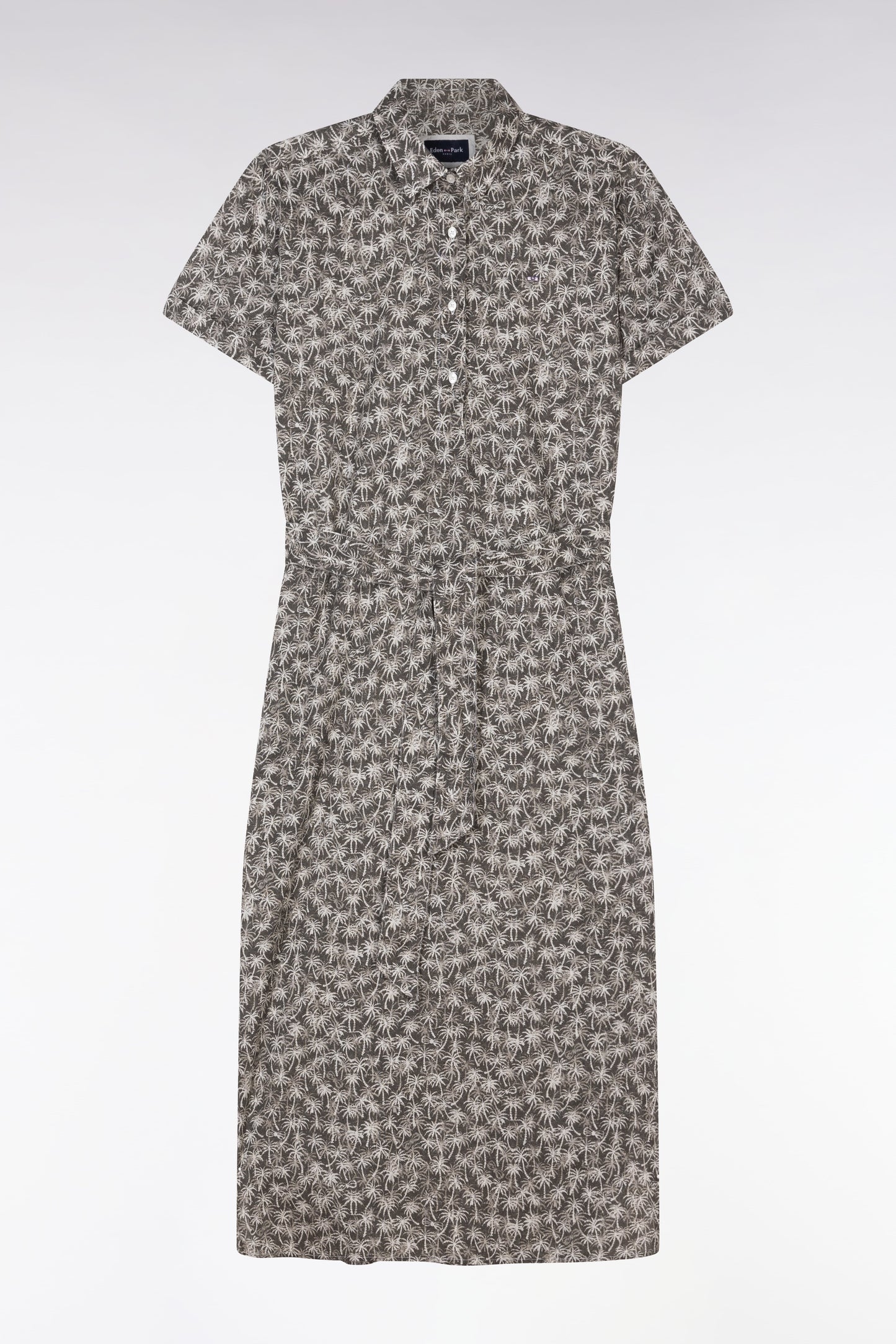 Robe manches courtes en coton kaki imprimé palmiers coupe décontractée