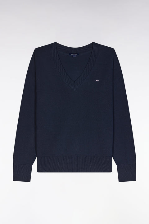 Pull col V en coton marine coupe décontractée - Image 2
