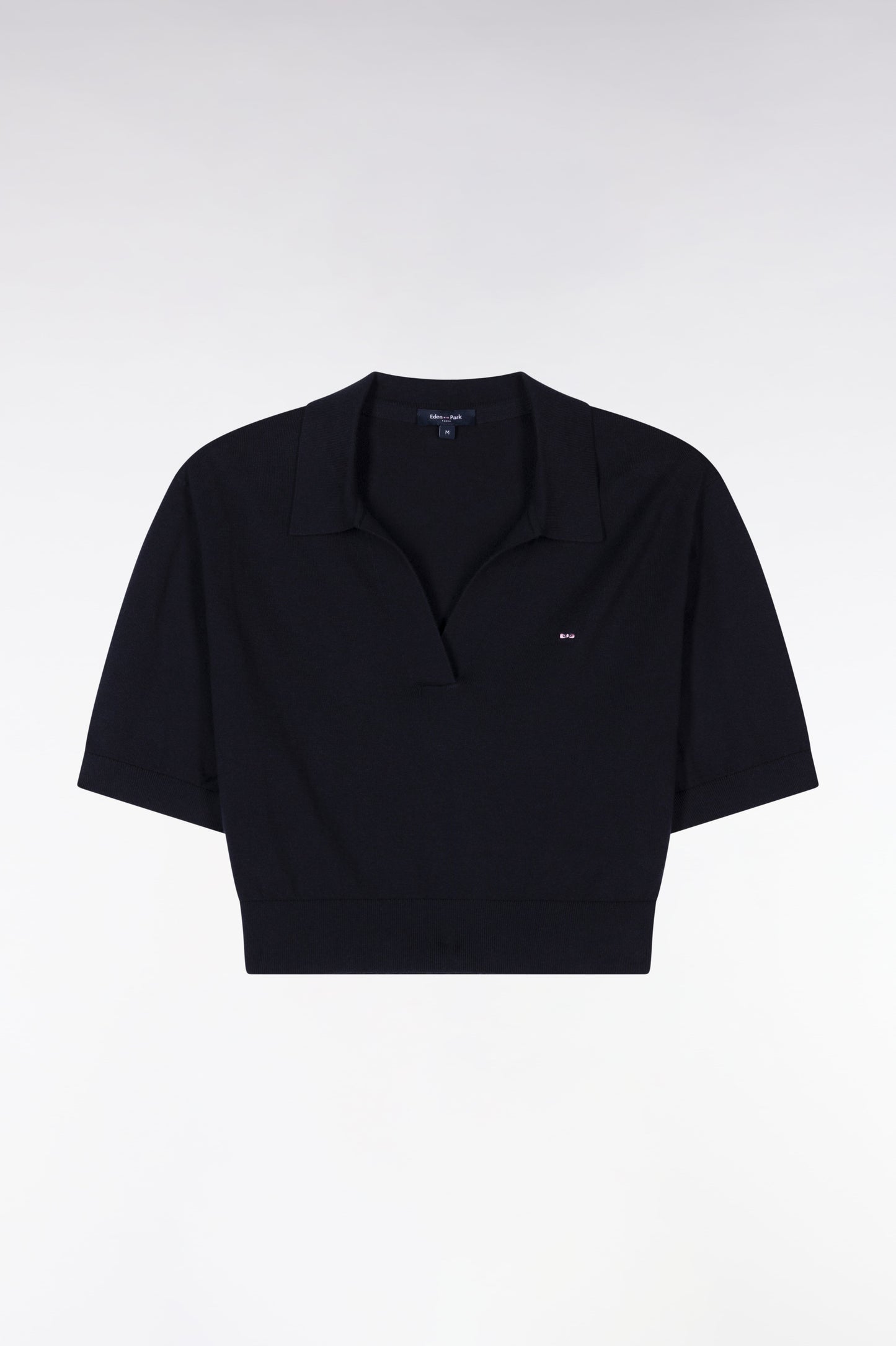 Pull col polo à manches courtes en coton biologique et cachemire marine coupe droite