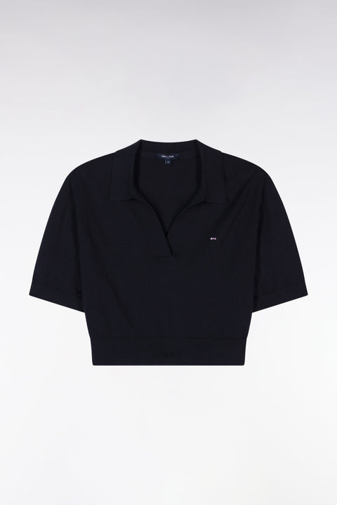 Pull col polo à manches courtes en coton biologique et cachemire marine coupe droite - Image 1