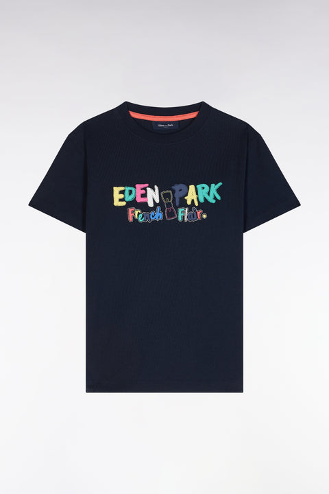 T-shirt en coton marine sérigraphie multicolore coupe droite - Image 1