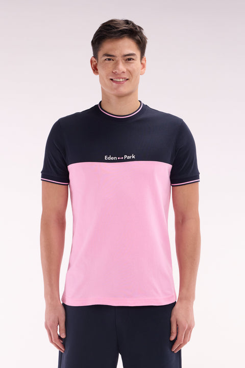 T-shirt brodé en coton bicolore rose coupe droite - Image 1