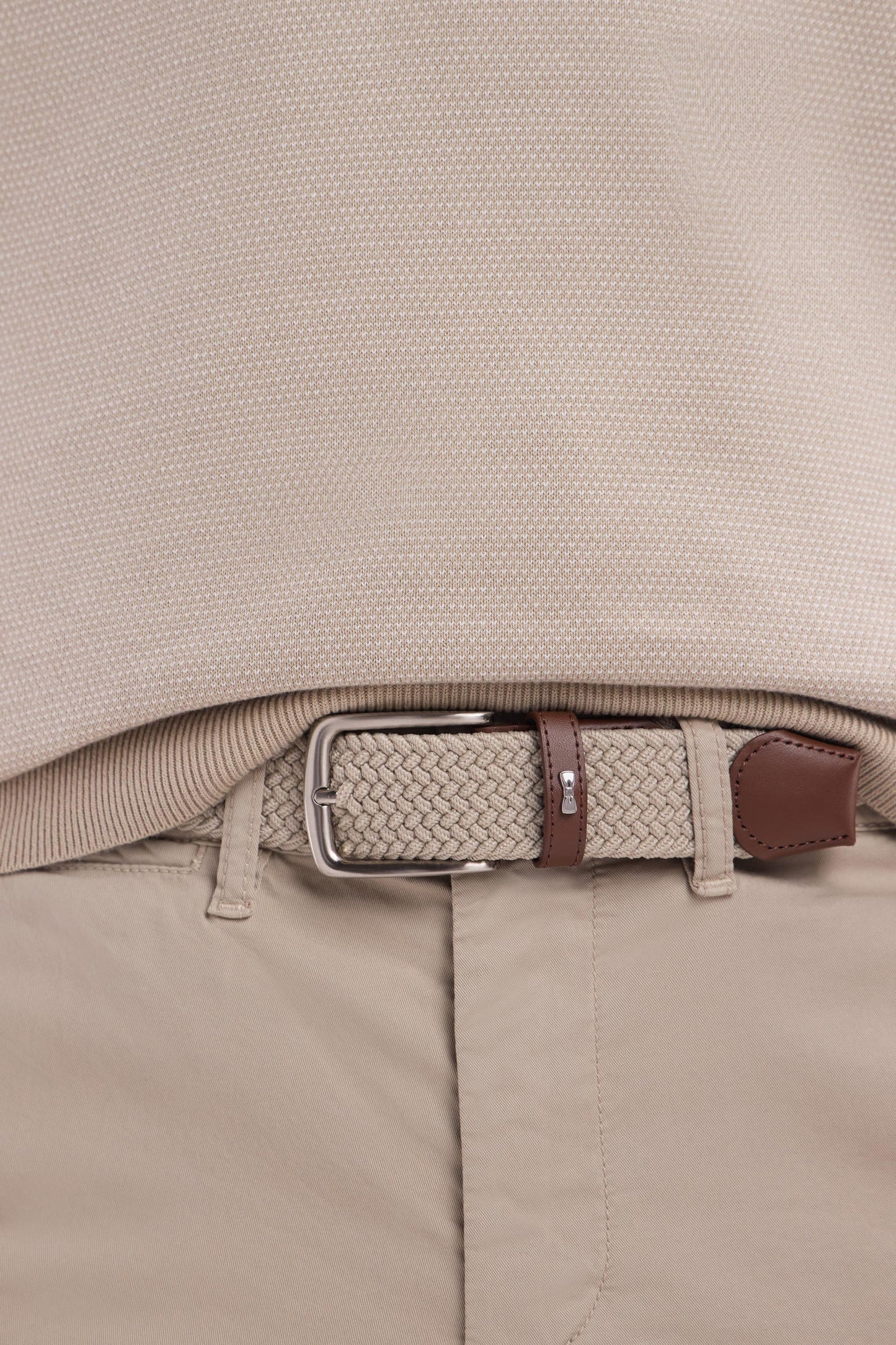 Ceinture en cuir lisse beige surpiqûres blanches