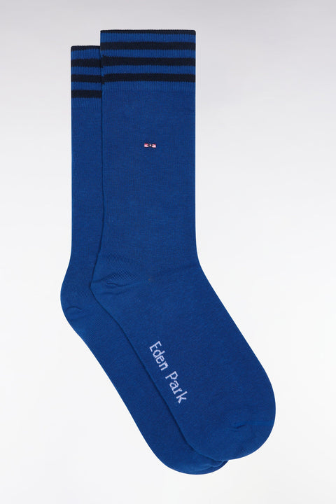 Chaussettes en coton stretch mélangé bleu à bordures cerclées - Image 1